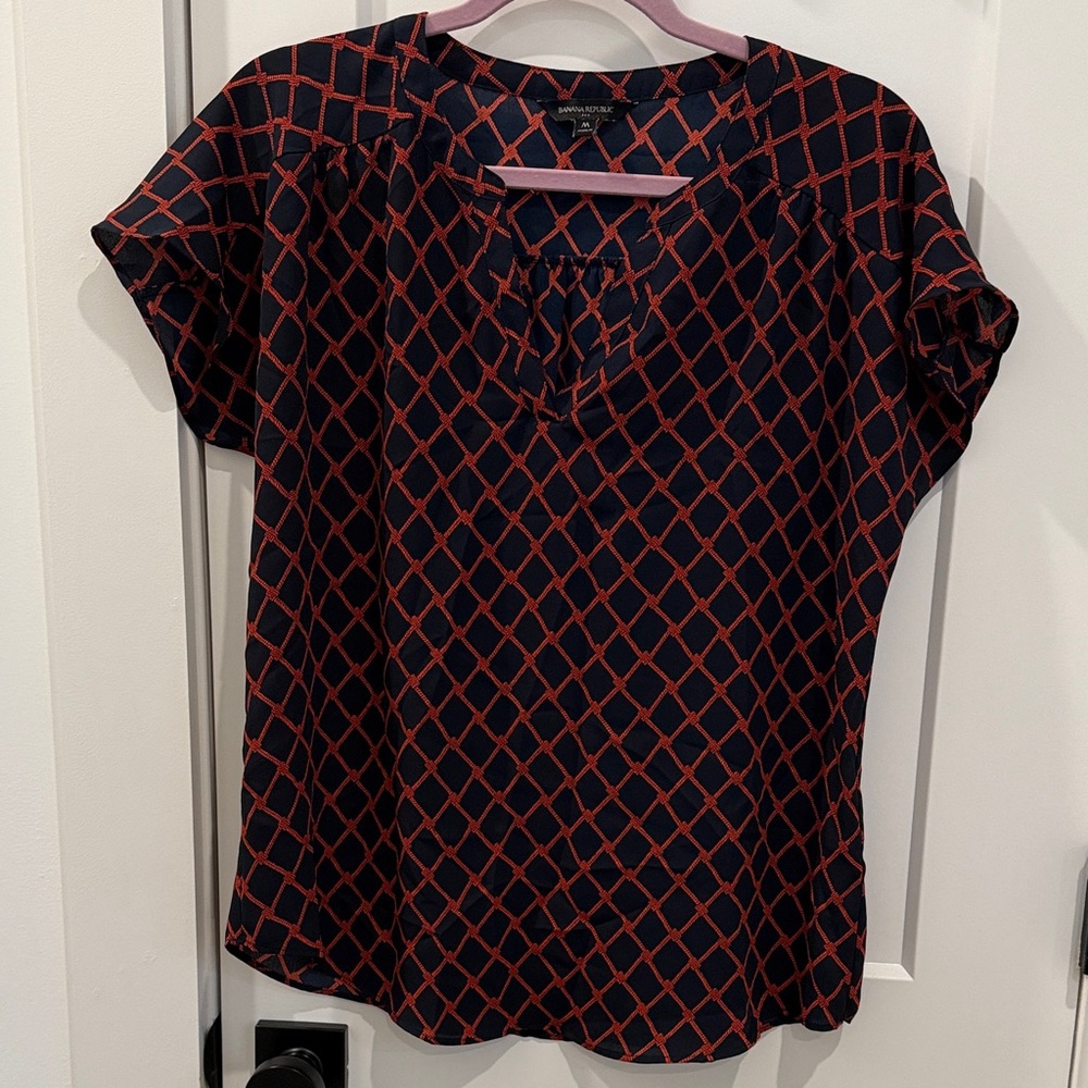 Banana Republic Navy and Red Geometric Blouse